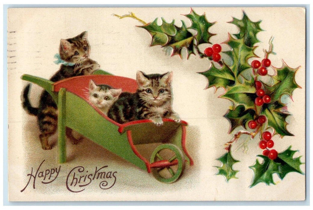 1909 Christmas Cute Kittens Cat In Wagon Holly Berries Nash Hartford CT Postcard