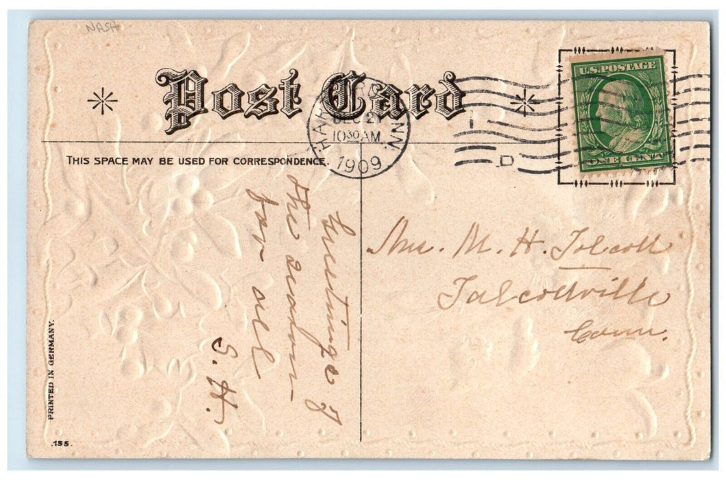 1909 Merry Christmas Holly Berries Mistletoe Nash Hartford CT Antique Postcard