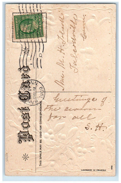 1909 Merry Christmas Holly Berries Mistletoe Nash Hartford CT Antique Postcard