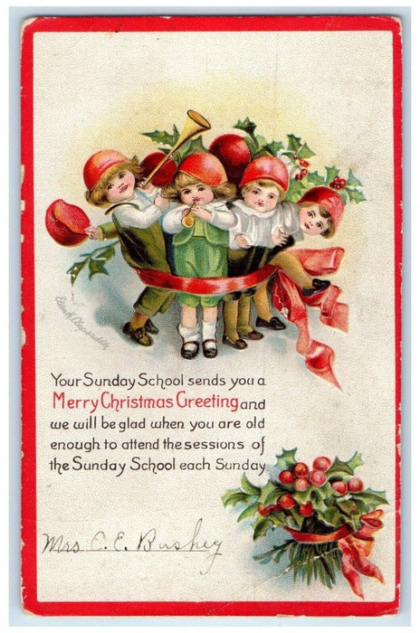 Christmas Greetings Children Ribbon Sunday School Berries Clapsaddle Postcard