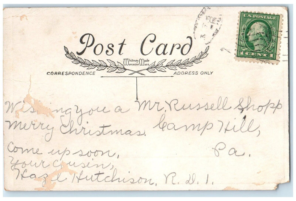 c1910's Merry Christmas Woman Santa Claus Book Birds Camp Hill PA Postcard