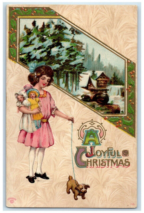 c1910's Christmas Girl Holding Dolls With Dog House Winter Embossed Postcard