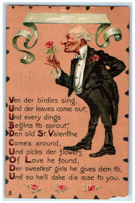 1907 Valentine Old Man Roses Flowers New Orleans LA Tuck's Antique Postcard