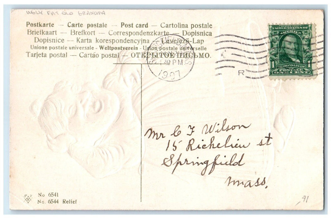 1907 Ugly Fat Old Grandma Embossed Springfield Massachusetts MA Antique Postcard