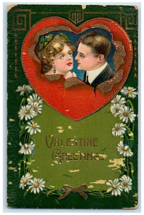Valentine Greetings Couple Wedding Heart Daisy Flowers Gel Gold Gilt Postcard