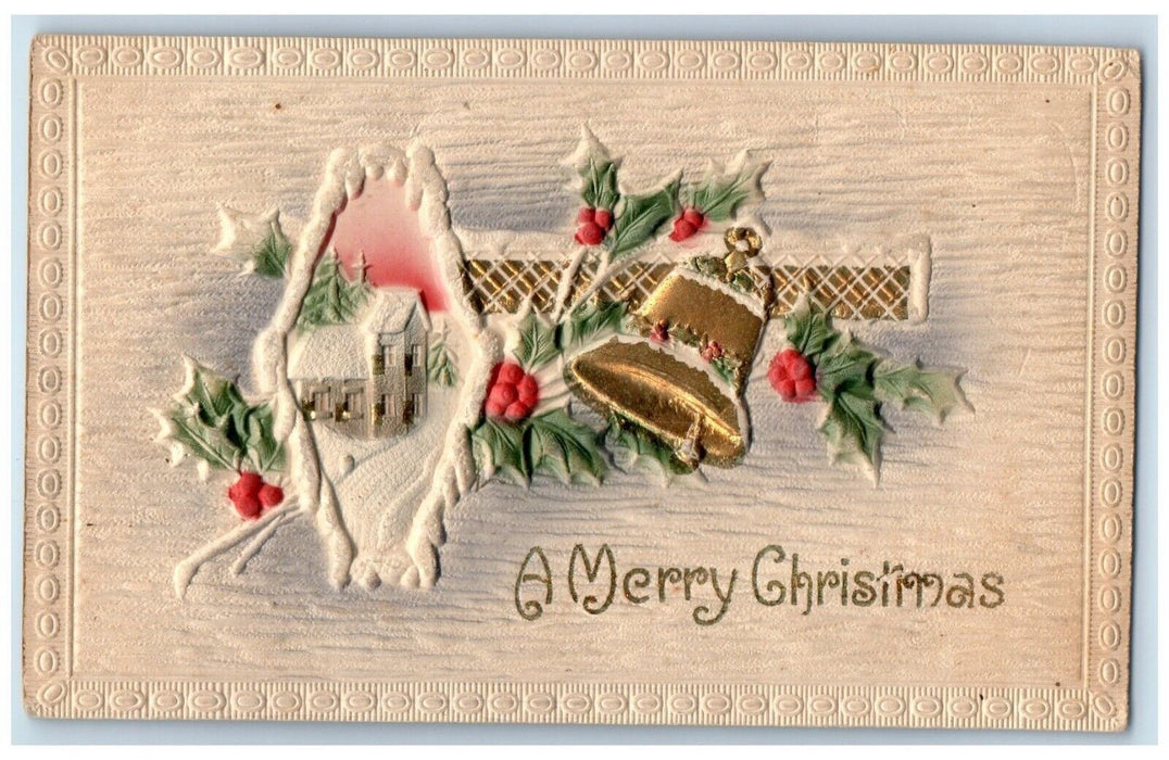 c1910's Merry Christmas Ringing Bell Holly Berries Church Airbrushed Postcard
