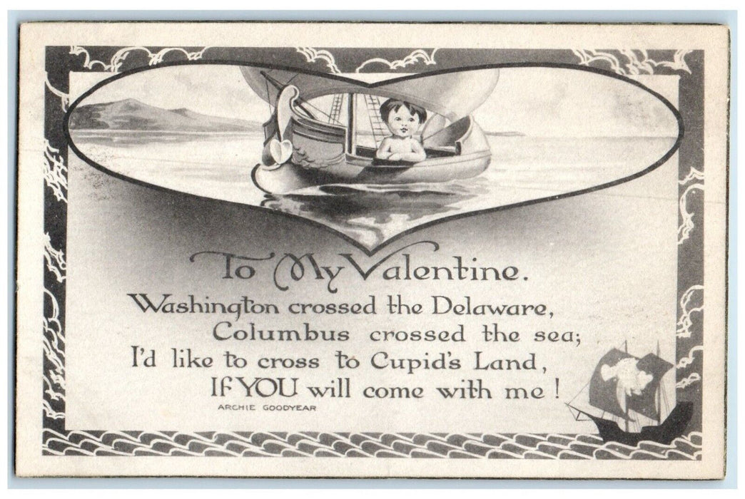 1913 Valentine Heart Boy On Boat Archie Goodyear Longmont Colorado CO Postcard