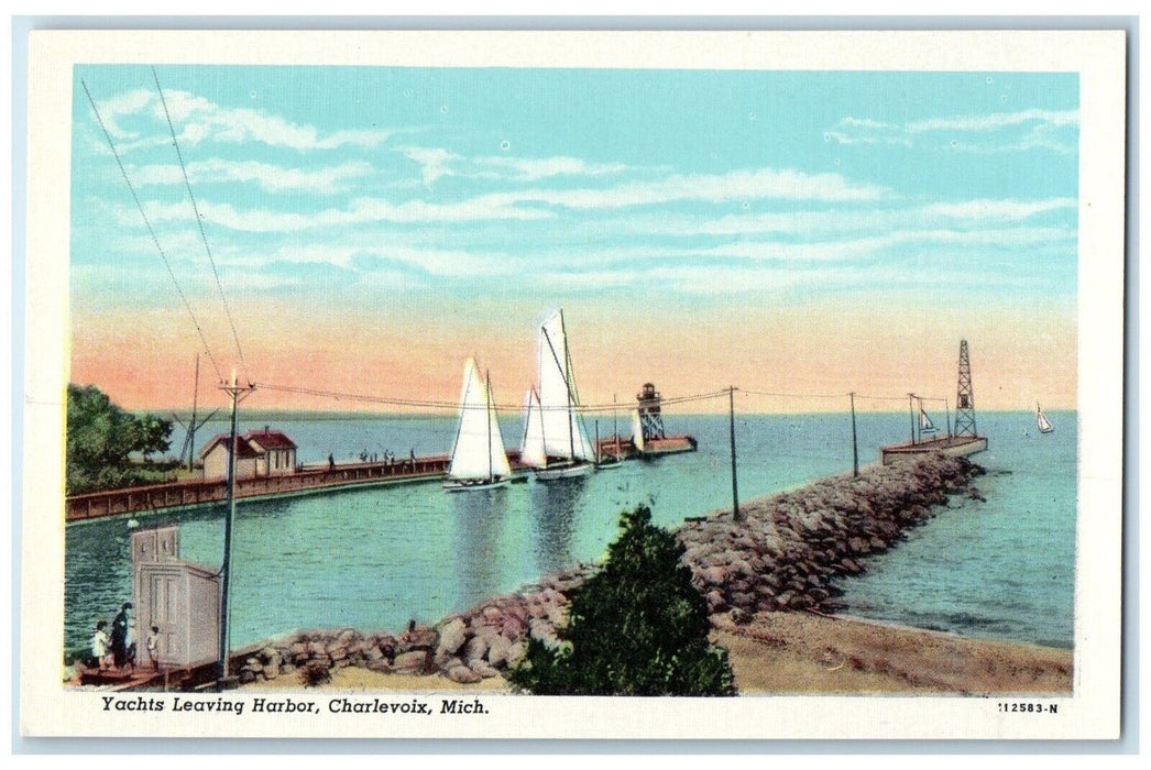 c1940 Yachts Leaving Harbor Dock Port Sailboat Charlevoix Michigan MI Postcard
