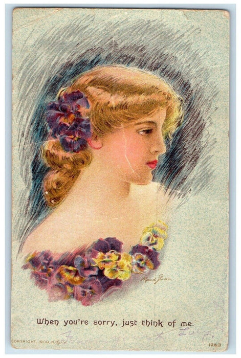 1910 Pretty Woman Brown Curly Hair Flowers Quicksburg Virginia VA Postcard