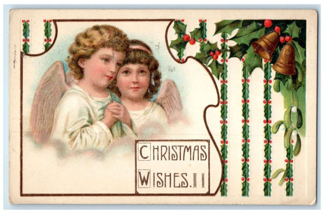 1910 Christmas Wishes Angels Ringing Bells Holly Berries Embossed Postcard