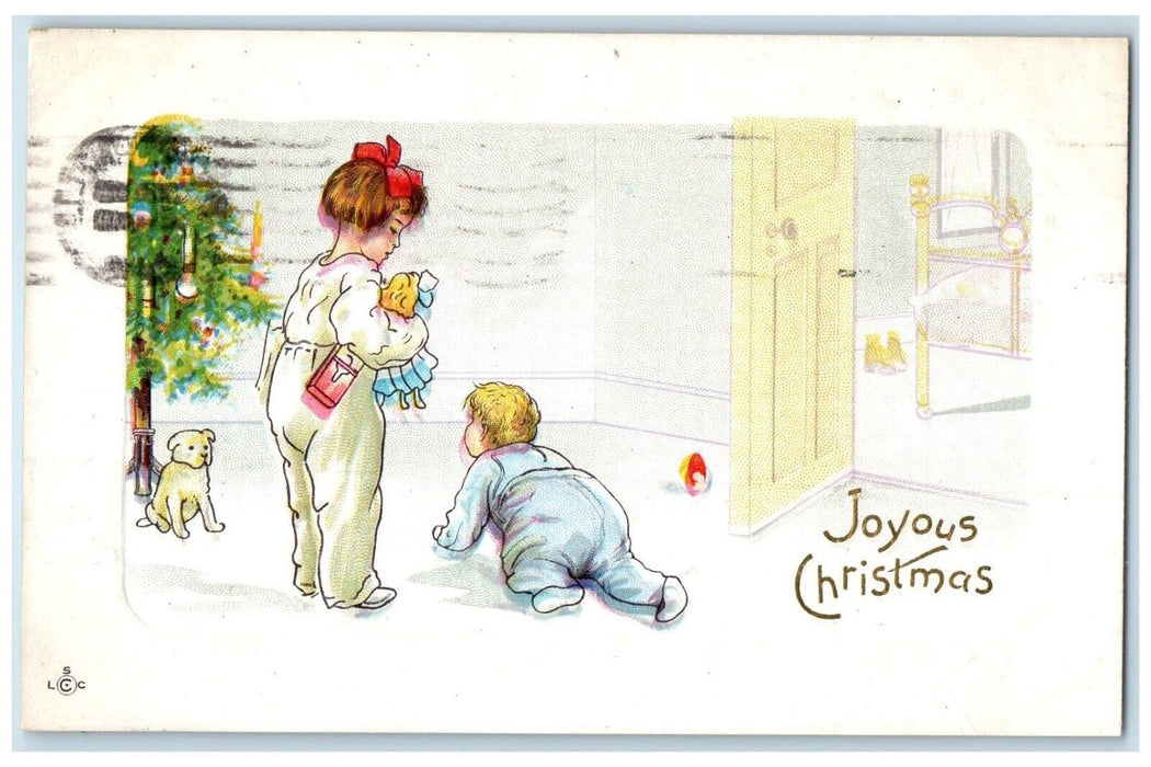 1912 Joyous Christmas Toddler Crawling Dog Toy Embossed Wheaton IL Postcard