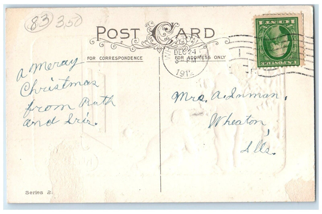 1912 Joyous Christmas Toddler Crawling Dog Toy Embossed Wheaton IL Postcard