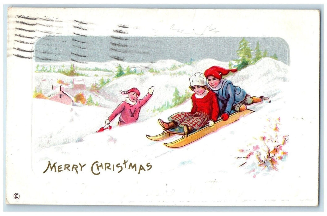 1912 Merry Christmas Children Sledding Winter Wheaton Illinois IL Postcard
