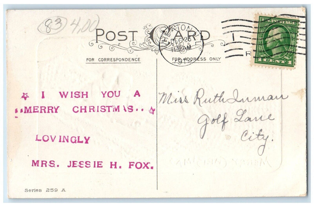 1912 Merry Christmas Children Sledding Winter Wheaton Illinois IL Postcard