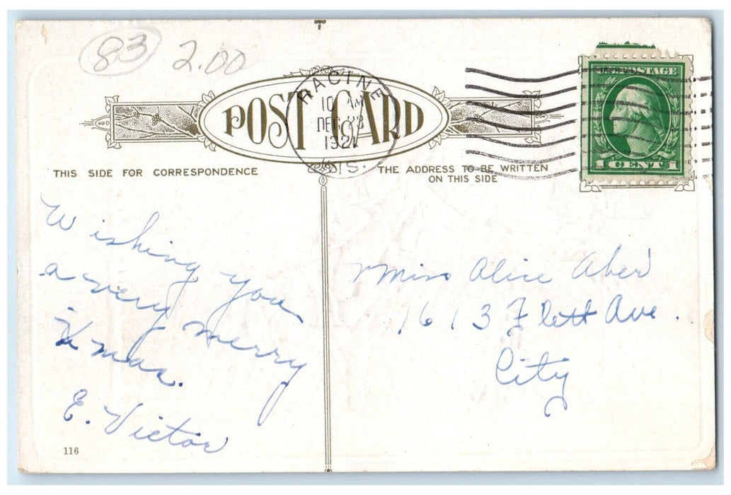 1921 Christmas Children Sledding Berries Winter Embossed Racine WI Postcard