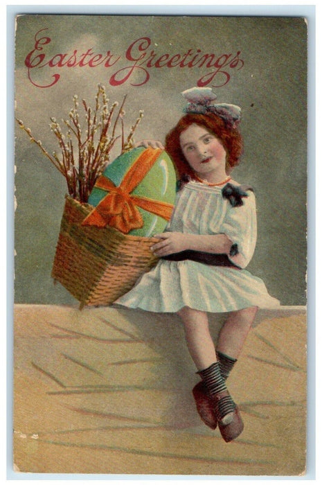 1911 Easter Greetings Girl With Big Egg Pipe Berry In Basket Bluffs IL Postcard