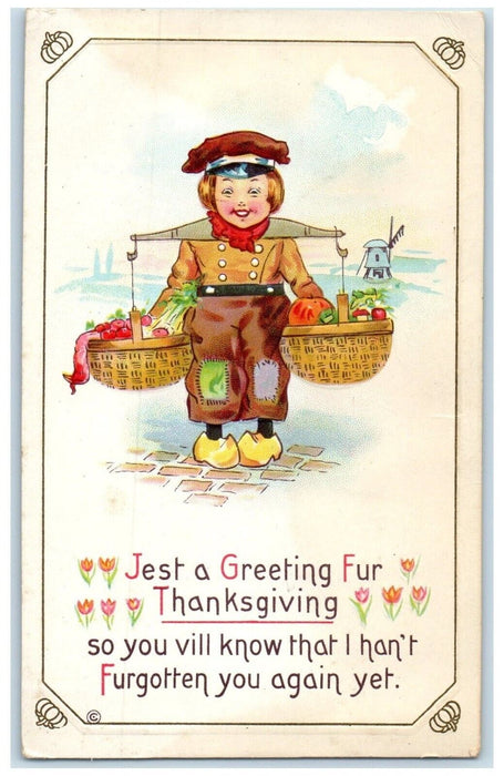 Thanksgiving Greeting Dutch Boy Baskets Fruits Embossed Burlington WA Postcard