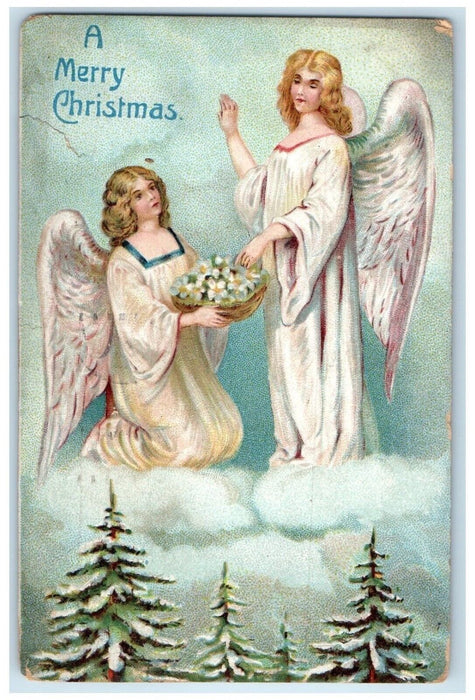 1908 Merry Christmas Angels With Flowers Basket Pine Trees Chicago IL Postcard