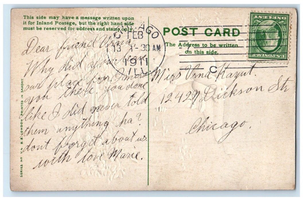 1911 Valentine Cupid Angel Roses Flowers Heart Embossed Chicago IL Postcard