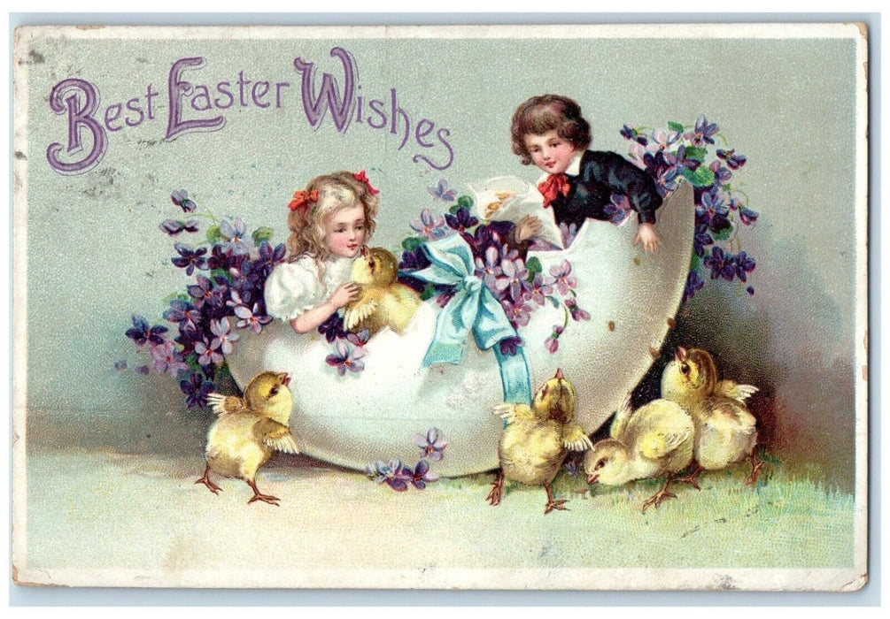 1912 Easter Wishes Childrens Hatched Egg Flowers Chicks Clapsaddle Postcard