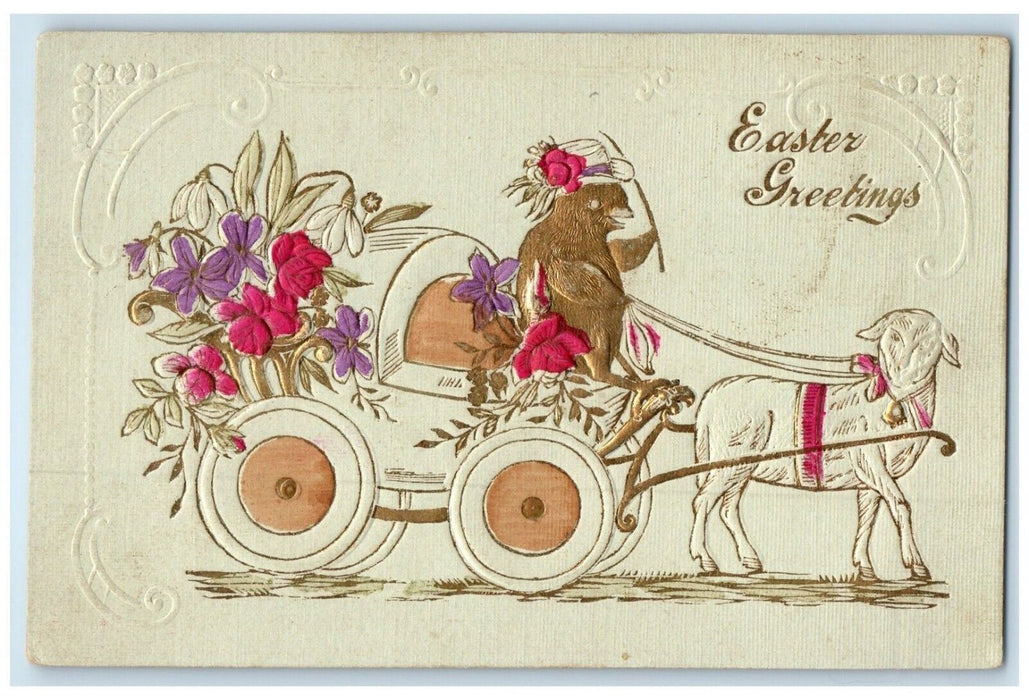 Easter Greetings Lamb Pulling Cart Flowers Anthropomorphic Chick Postcard