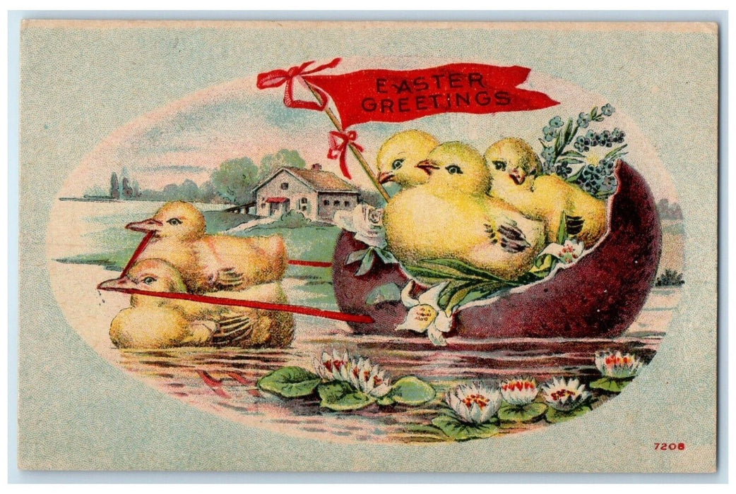 Easter Greetings Chick Pulling Hatched Egg Boat Water Lily Flowers Postcard