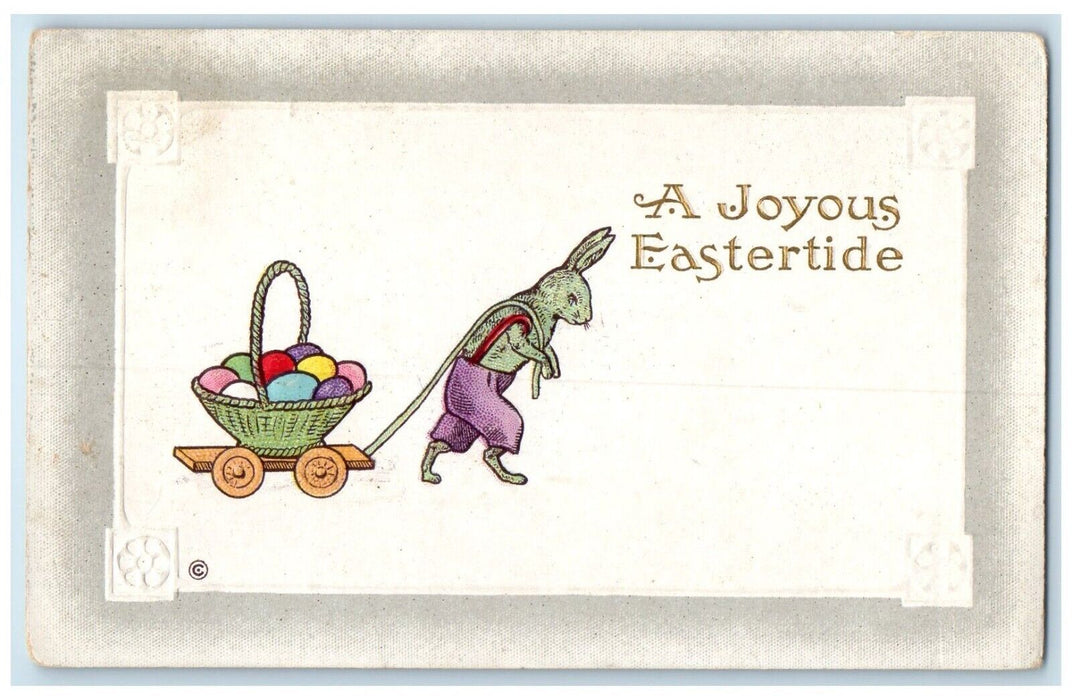 1913 Easter Anthropomorphic Rabbit Pulling Cart Basket Eggs Tiskilwa IL Postcard