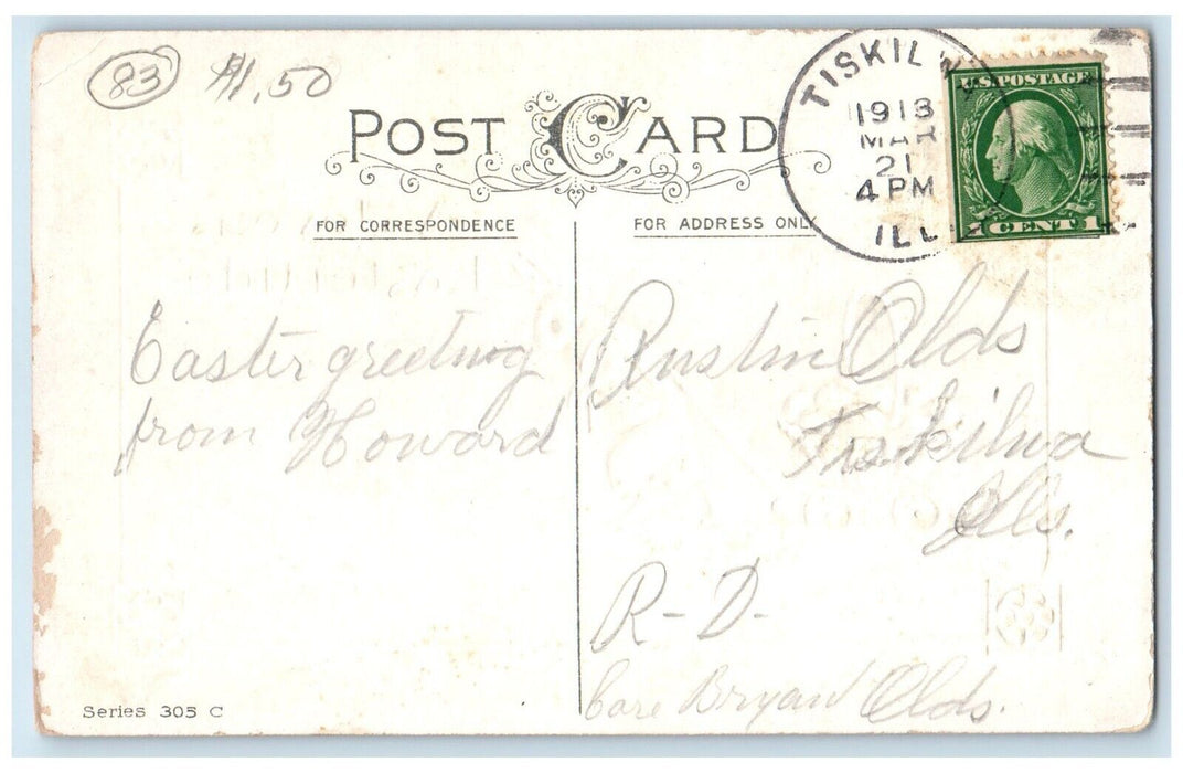 1913 Easter Anthropomorphic Rabbit Pulling Cart Basket Eggs Tiskilwa IL Postcard