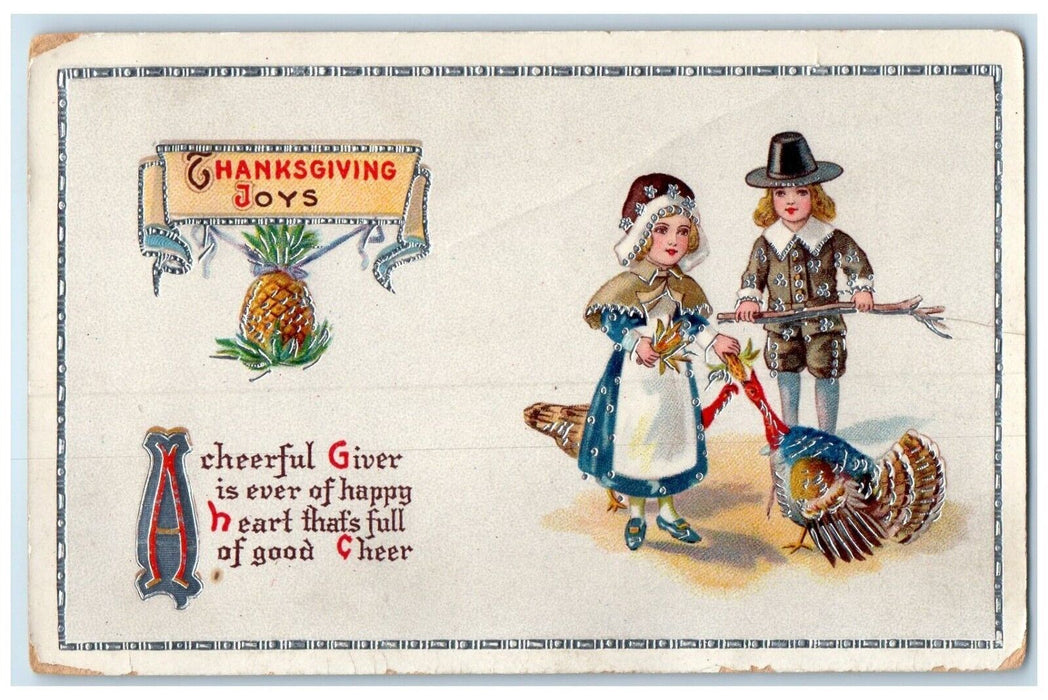 1921 Thanksgiving Children Feeding Turkey Pineapple Gel Silver Gilt Postcard