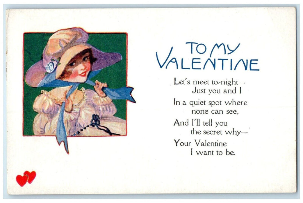 c1910's Valentine Message Girl Flower Big Hat Hearts Unposted Antique Postcard
