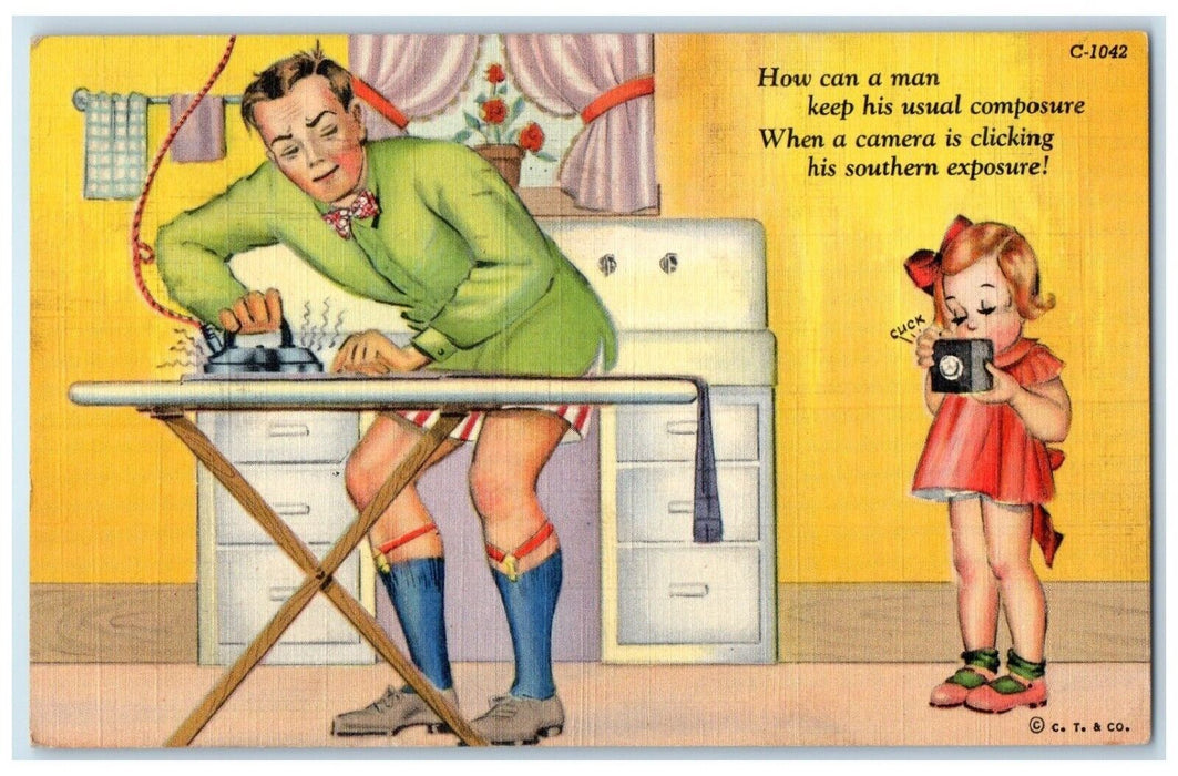 1939 Man Ironing Pants Camera Clicking Hot Springs National Park AR Postcard