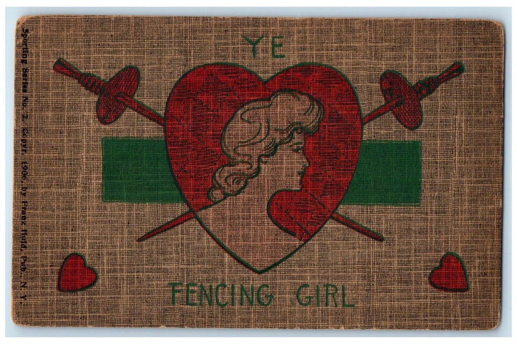 c1905 Valentine Hearts Fencing Pretty Girl Unposted Antique Postcard
