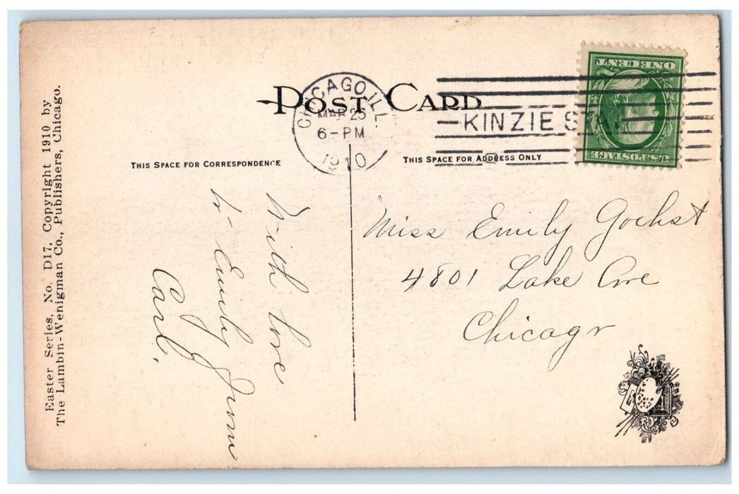 1910 Easter Greeting Rabbit Sign Eggs Chicago Illinois IL Antique Postcard