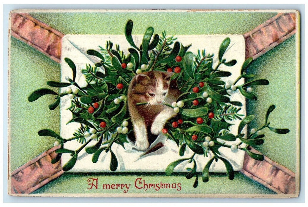 1911 Christmas Cat Holly Berries Mistletoe Embossed Chicago IL Antique Postcard