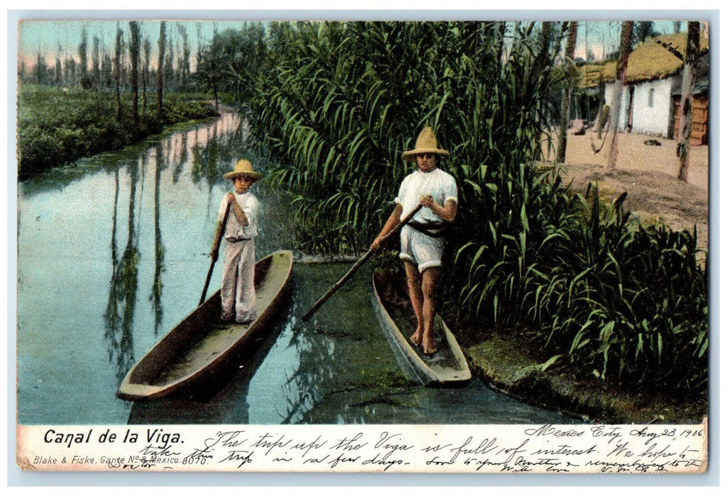 1906 Two Men Boating at Canal De La Viga Mexico Antique Posted Postcard