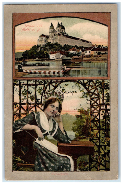 c1910 Lady Building River Greetings from Melk a.D. Austria Antique Postcard