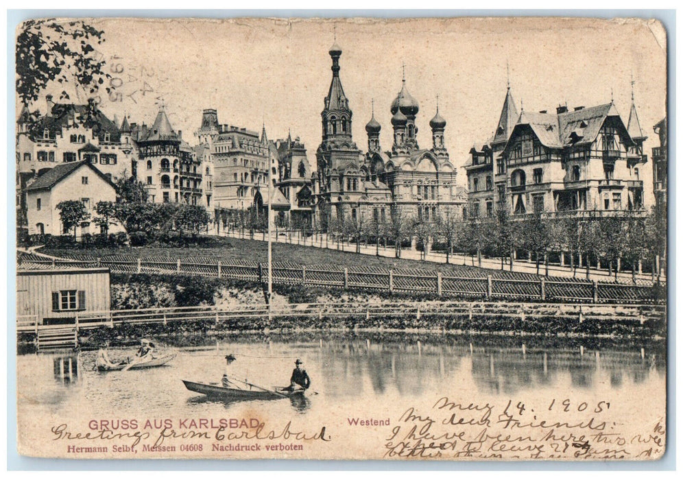 1905 Westend Boating Greetings from Karlsbad Czech Republic Antique Postcard