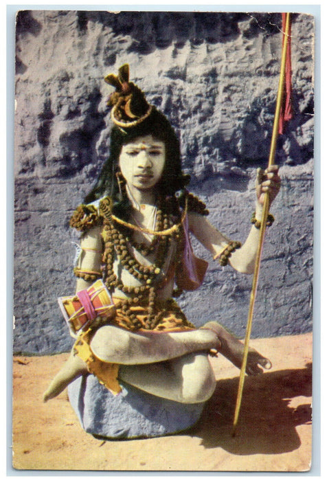 1960 Indian Sadhu With Stick Wearing Long Necklace and Head Costume Postcard