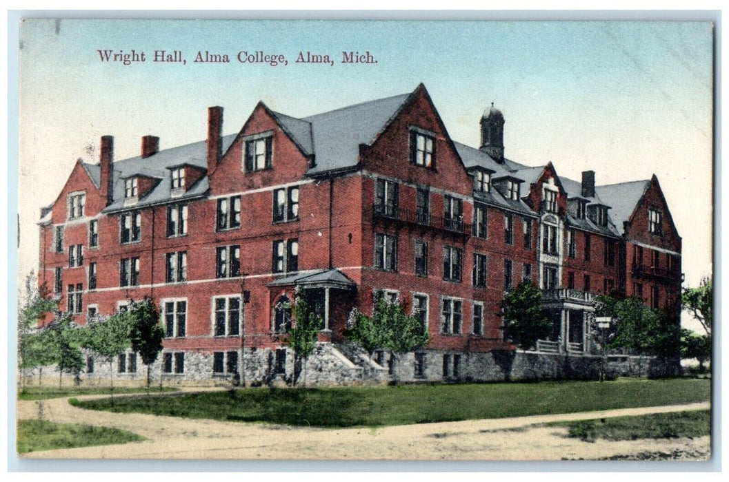 1910 Wright Hall Alma College Building Campus Alma Michigan MI Antique Postcard