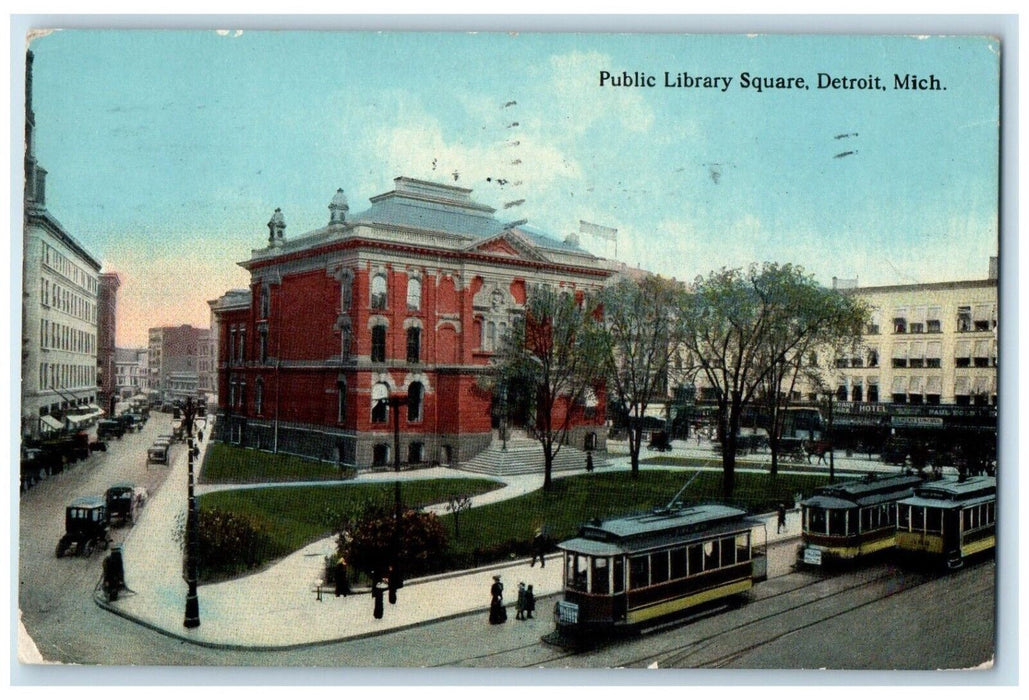 1913 Public Library Square Trolley Cars Building Detroit Michigan MI Postcard