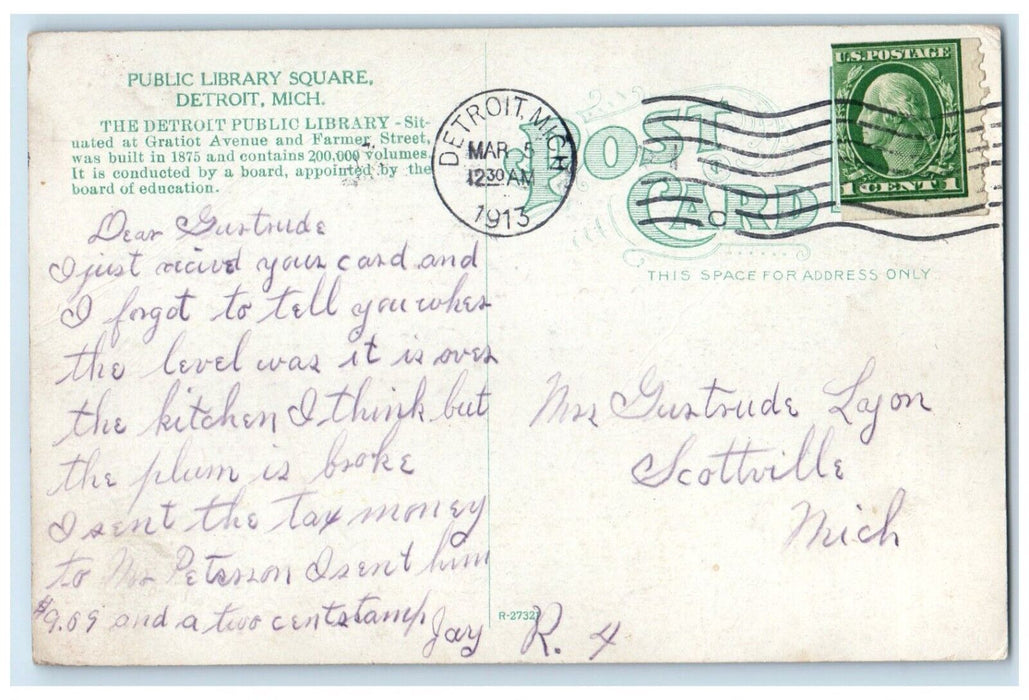 1913 Public Library Square Trolley Cars Building Detroit Michigan MI Postcard