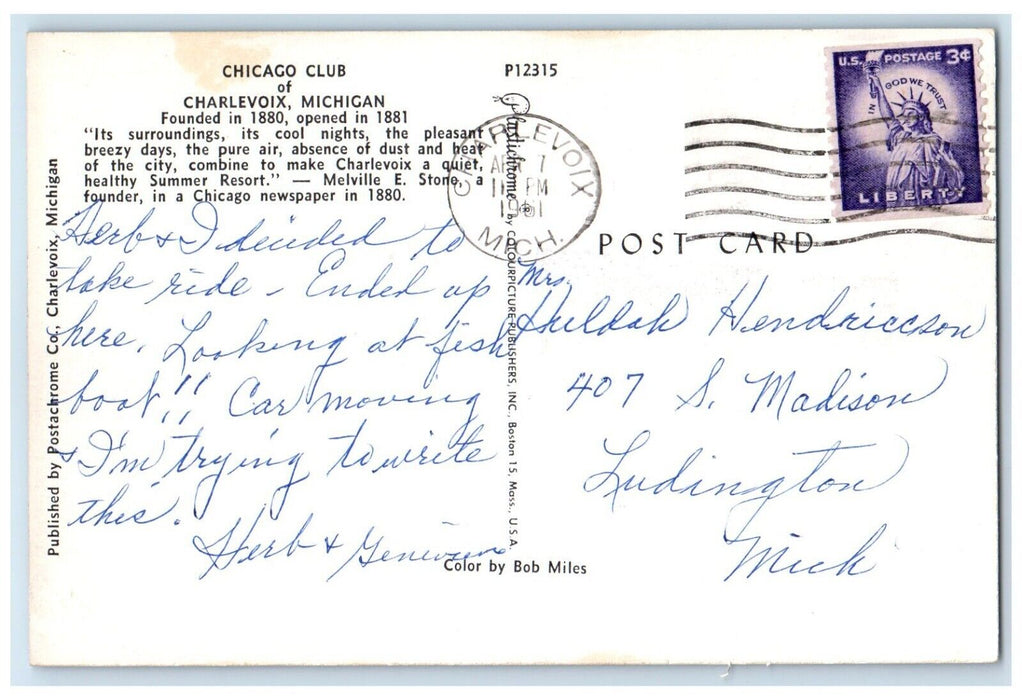 1961 Chicago Club Summer Resort Exterior Building Charlevoix Michigan Postcard
