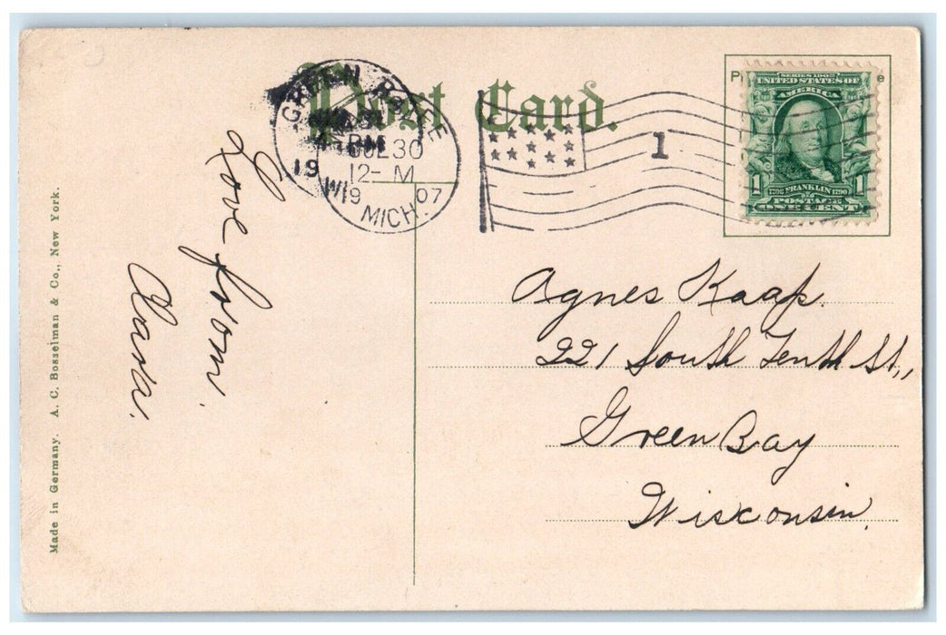 1907 Public Library Building Scene Street Manistee Michigan MI Antique Postcard