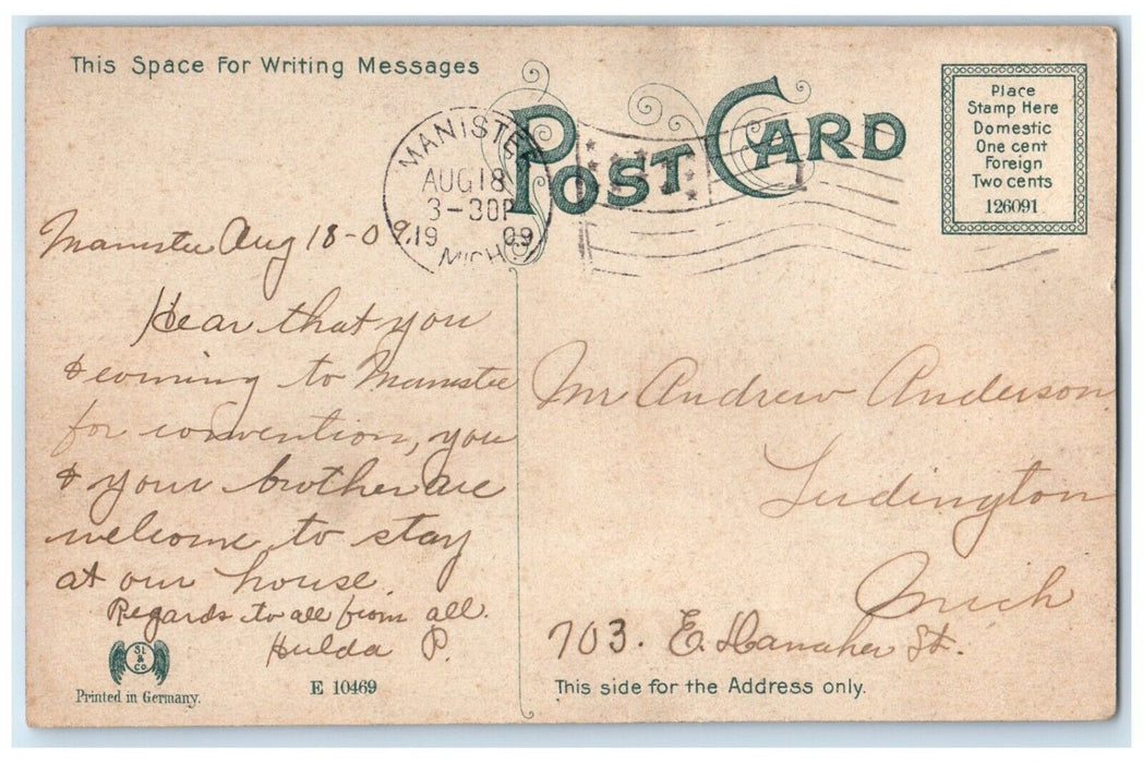 1909 Cor. Maple 3rd Sts. Congregational Church Court House Manistee MI Postcard