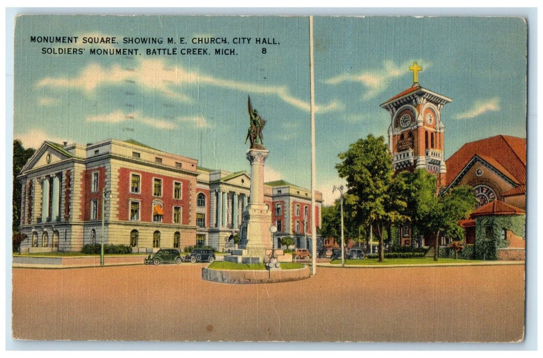 1942 Monument Square ME Church City Hall Soldiers Monument Battle Creek Postcard