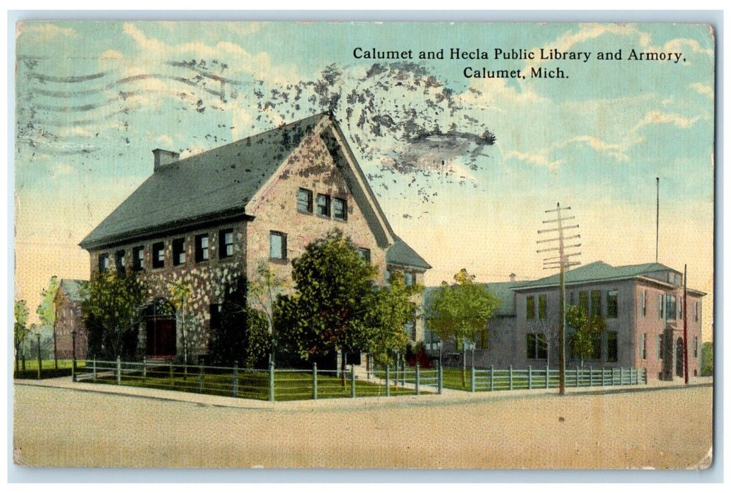 1913 Calumet Hecla Public Library Armory Exterior Calumet Michigan MI Postcard
