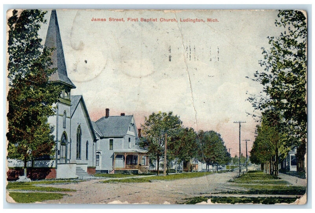 1909 James Street First Baptist Church Ludington Michigan MI Antique Postcard