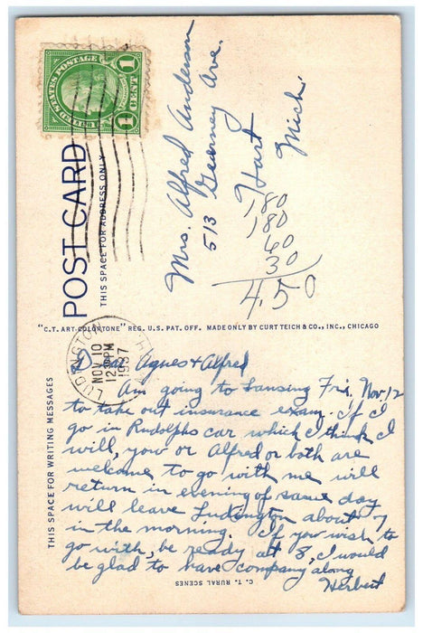 1937 Greetings From Ludington Michigan MI, River Cows View Vintage Postcard