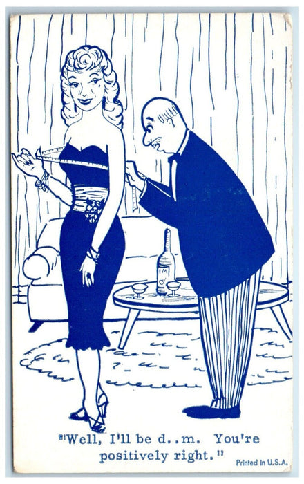 c1950's Man Measuring Breasts Risque Humor Positively Right Exhibit Arcade Card