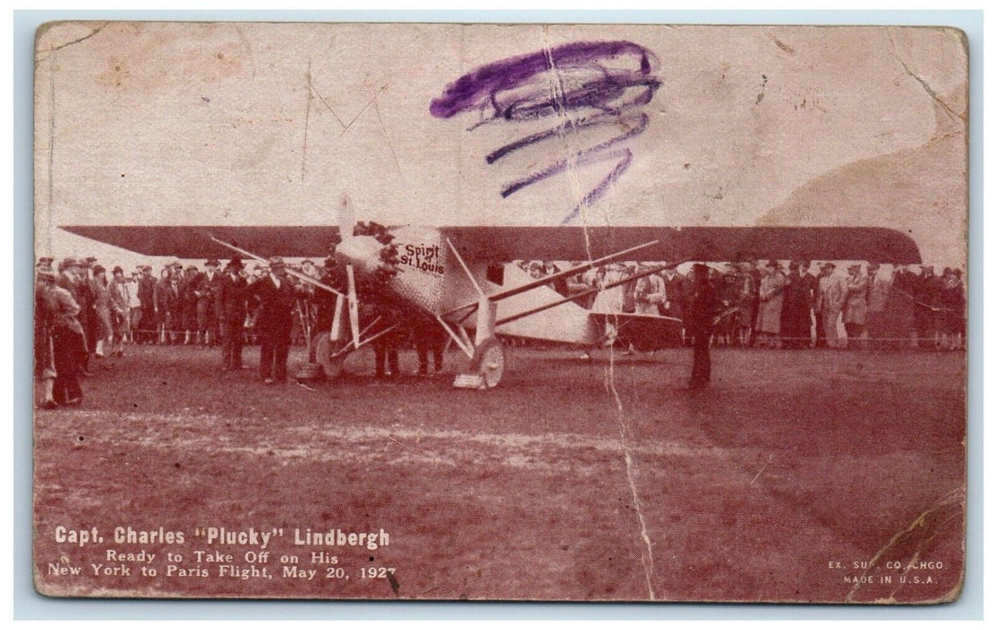 Capt. Charles Plucky Lindbergh Ready To Take Off Airplane Exhibit Arcade Card